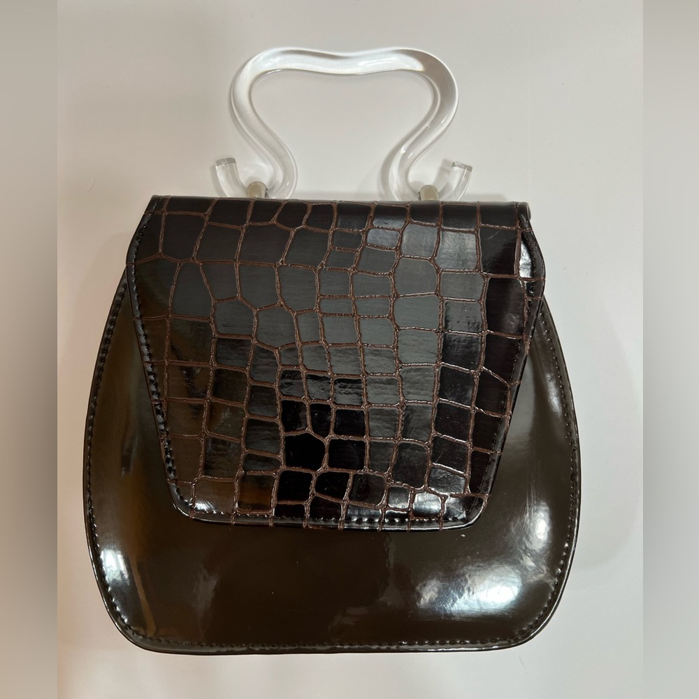 RUSH HOUR Brown Vintage Clutch or Crossbody Bag with Unique Acrylic Handle